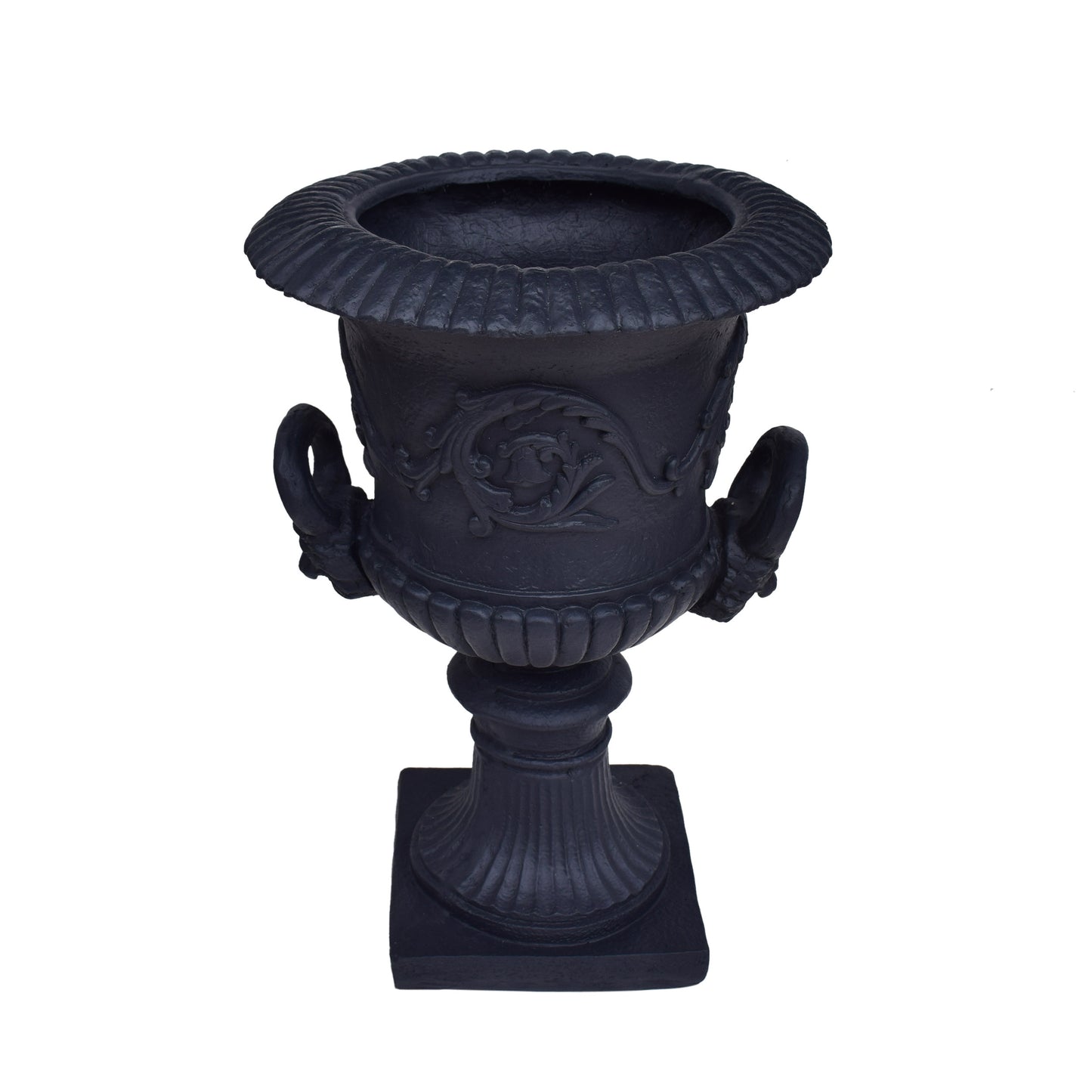 Black cast iron garden urn with ornate handles and classical detailing perfect for outdoor decor