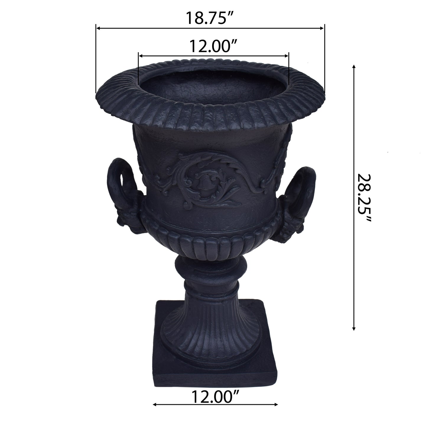 Classic black urn planter with ornate handles and fluted design