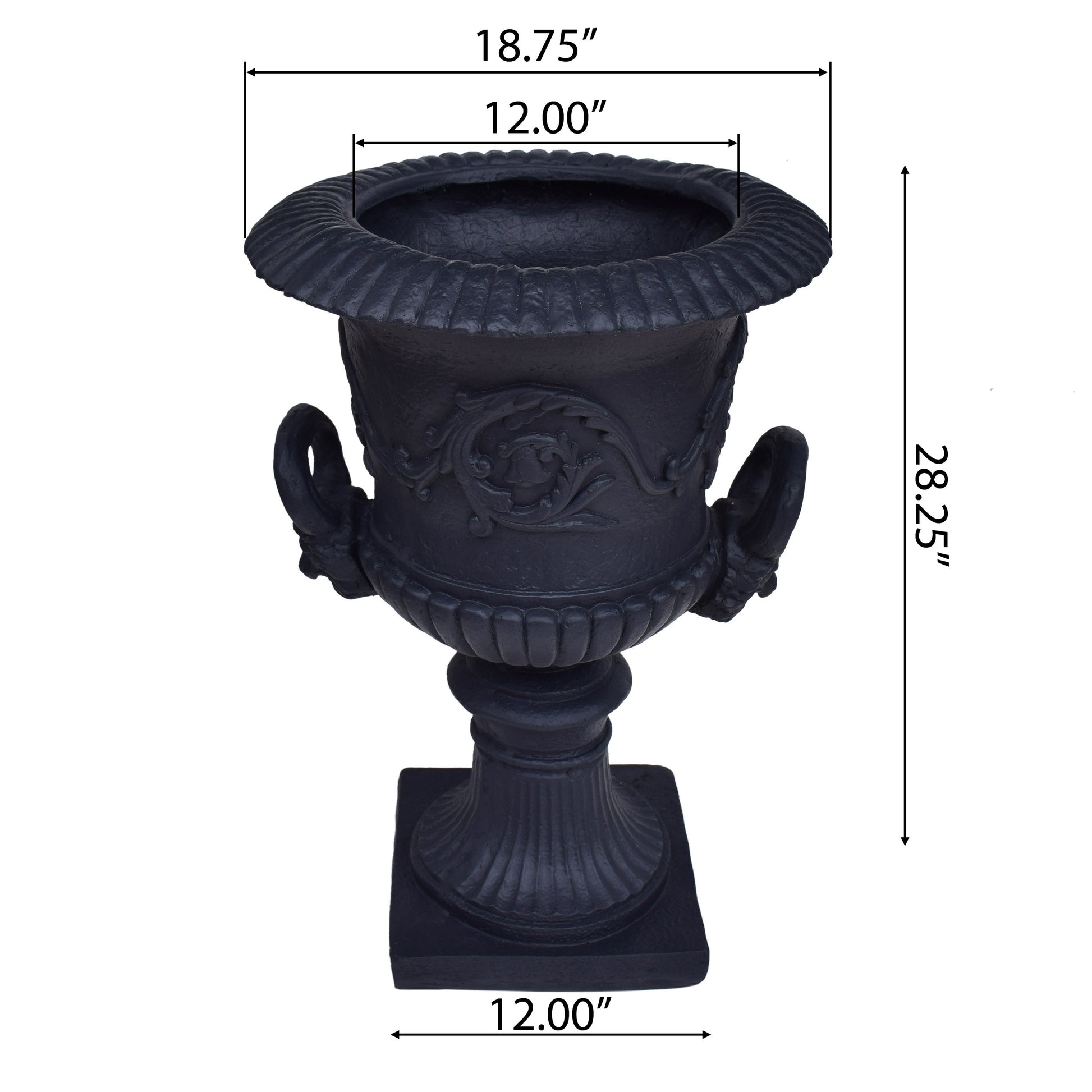 Classic black urn planter with ornate handles and fluted design