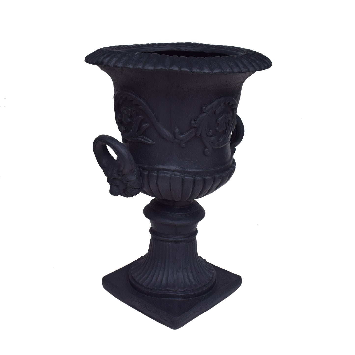 Black cast iron urn planter with ornate scrollwork and lion head handles perfect for gardens