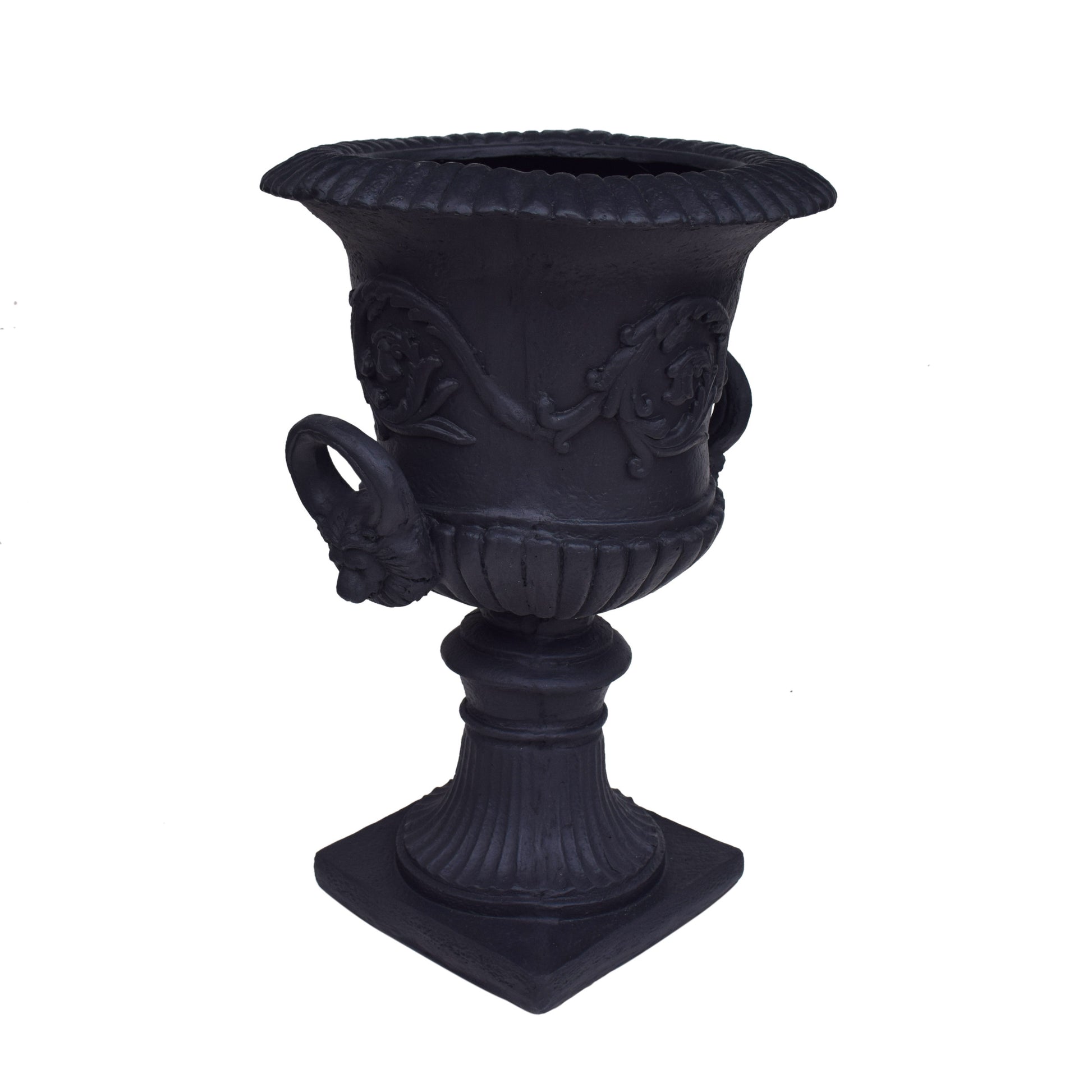 Black cast iron urn planter with ornate scrollwork and lion head handles perfect for gardens