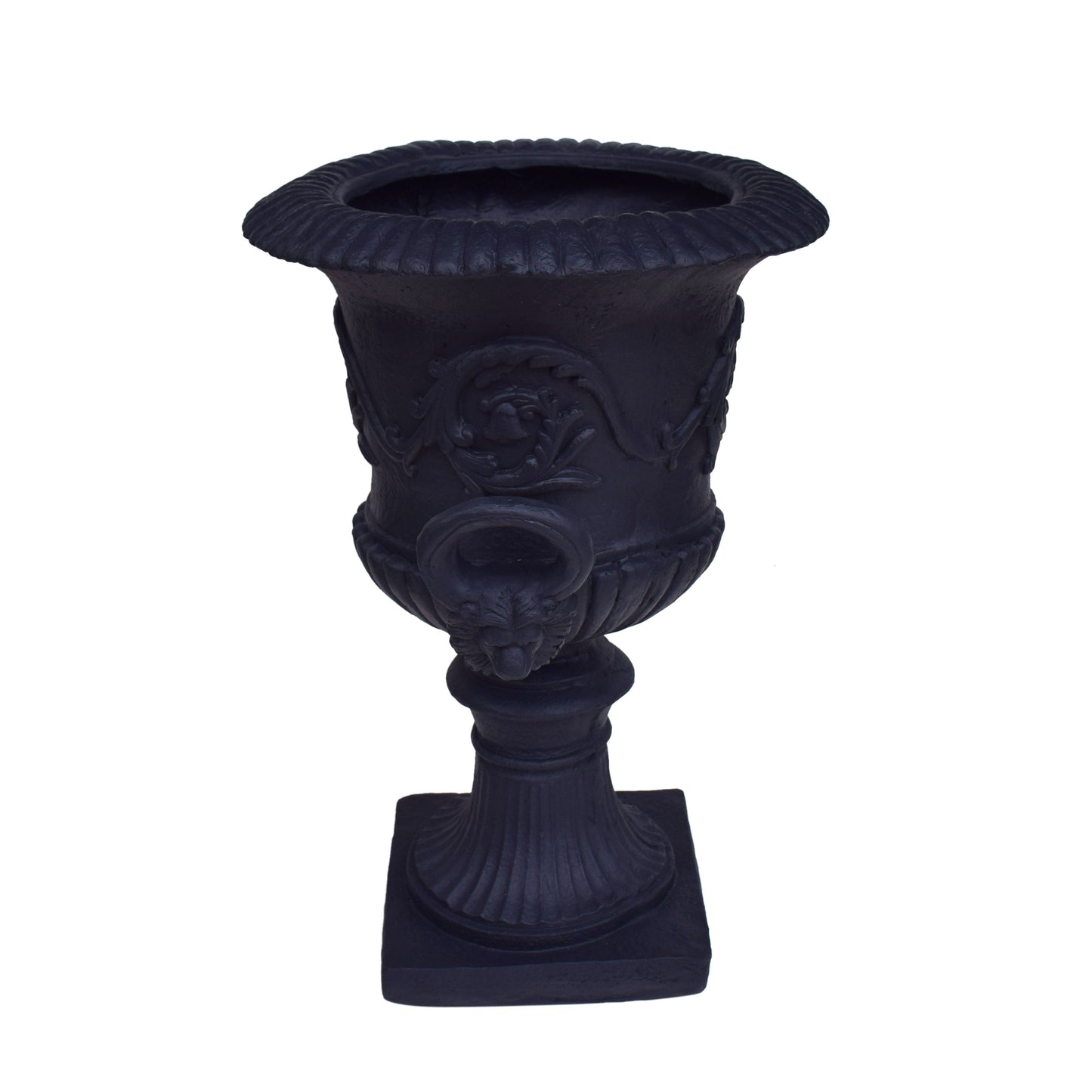 Ornate black urn planter with lion head handles and classical motifs