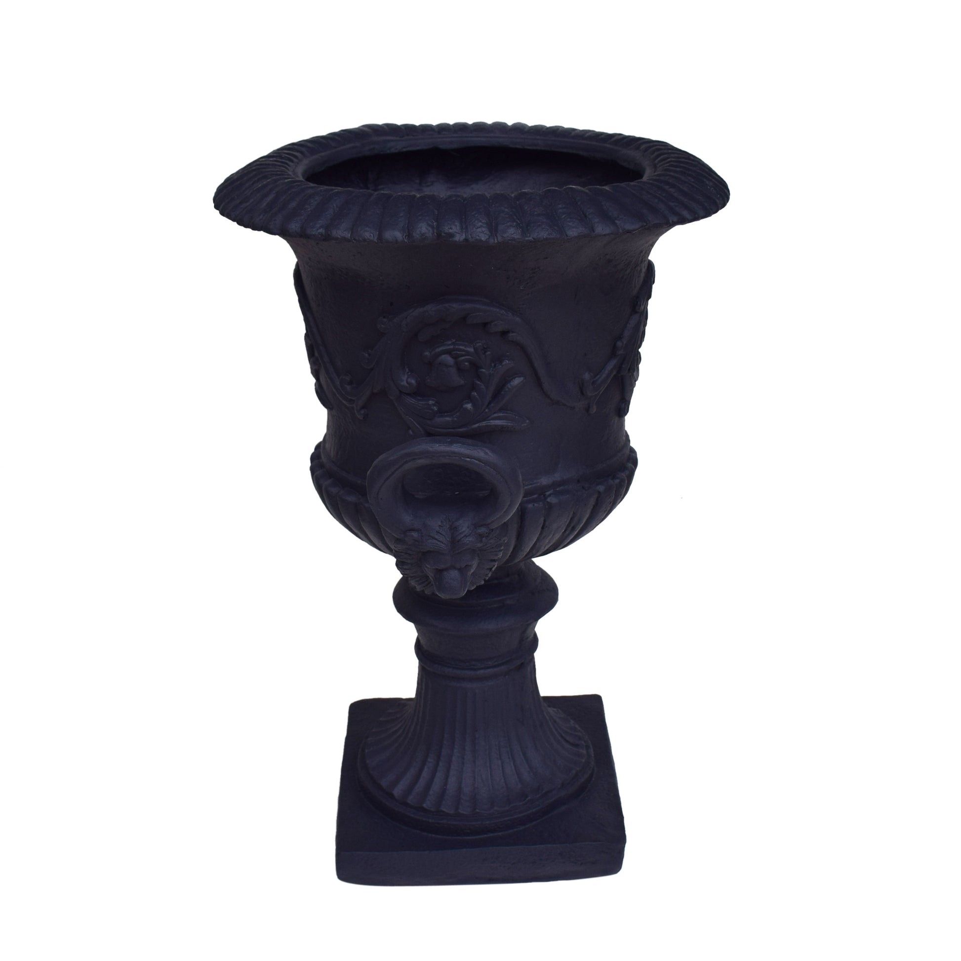 Ornate black urn planter with lion head handles and classical motifs