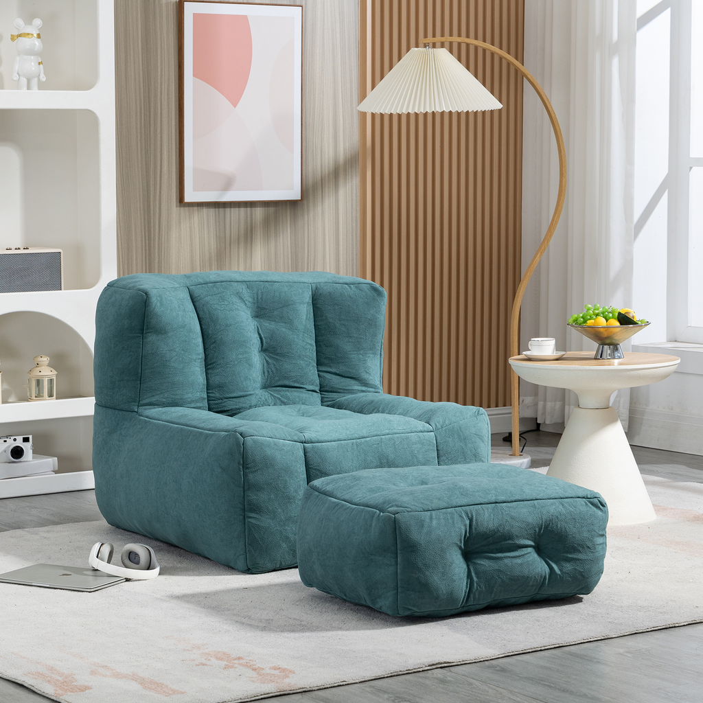 Teal velvet tufted armchair and ottoman set perfect for modern living rooms