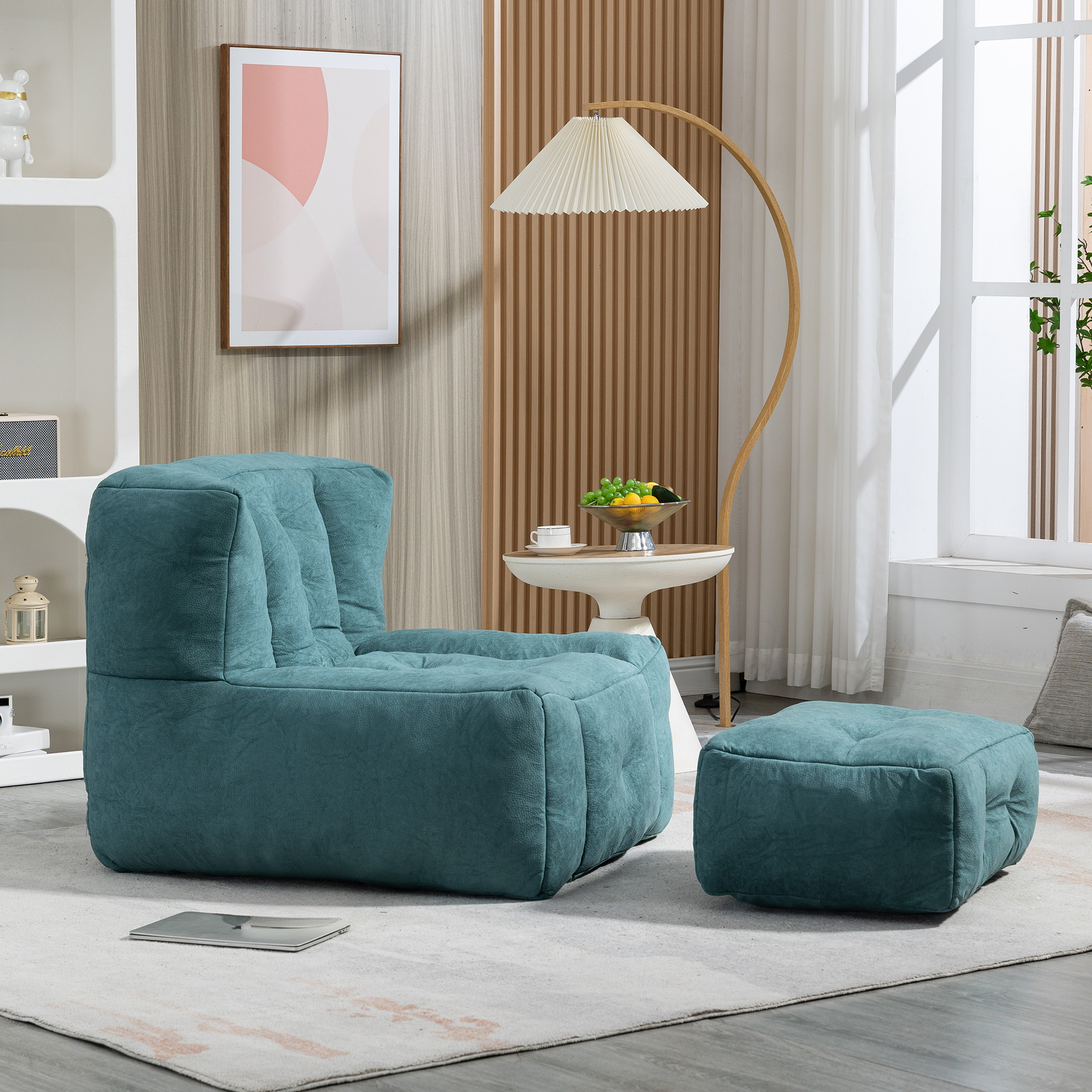 Teal plush bean bag chair with matching ottoman comfortable seating for living room