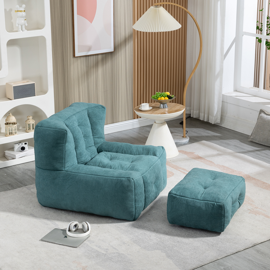 Tufted teal bean bag chair and ottoman set for comfortable living room seating