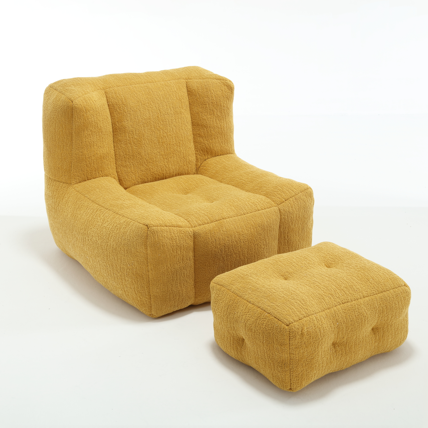 Plush mustard yellow boucle fabric accent chair with matching tufted ottoman