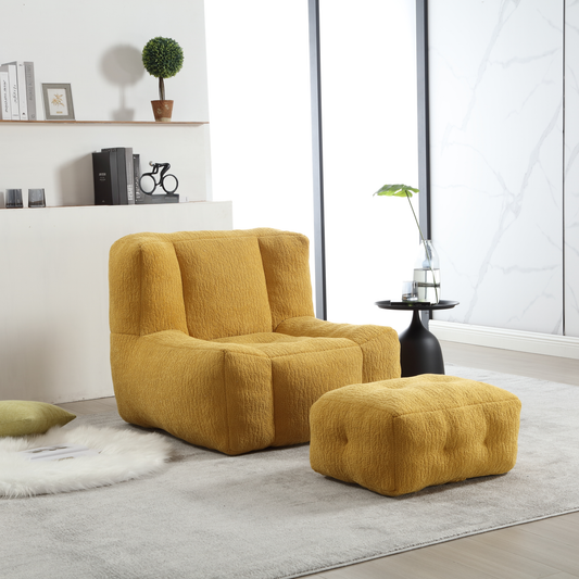 Plush mustard yellow boucle fabric armchair with tufted seating for ultimate comfort