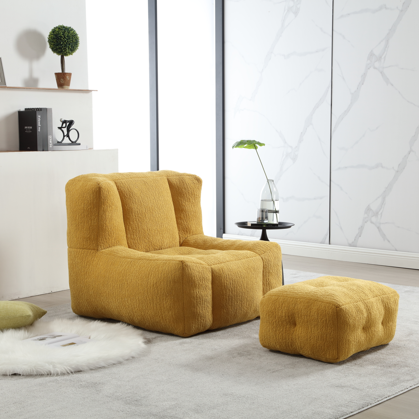 Mustard yellow boucle fabric armchair with matching ottoman modern living room seating
