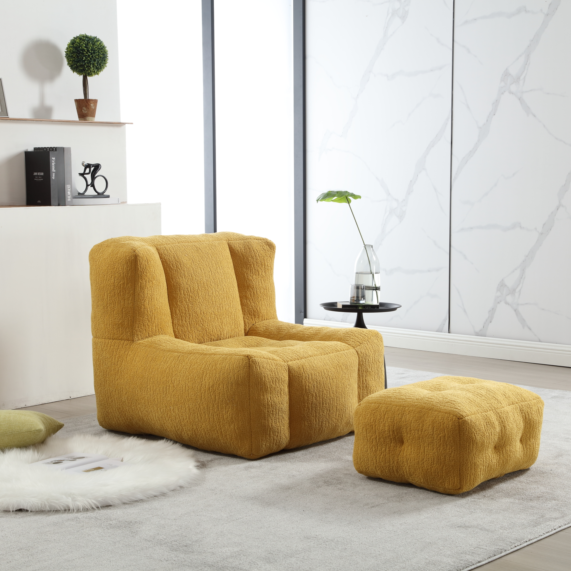 Mustard yellow boucle fabric armchair with matching ottoman modern living room seating