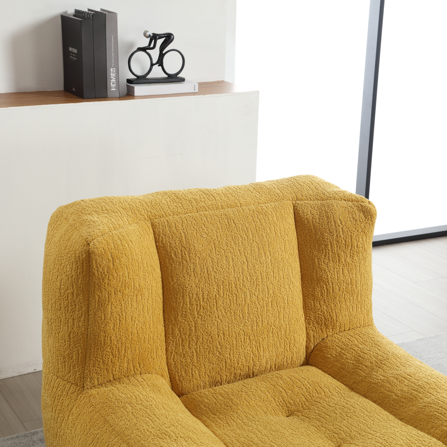 Cozy mustard yellow boucle armchair plush tufted seat and backrest for ultimate comfort