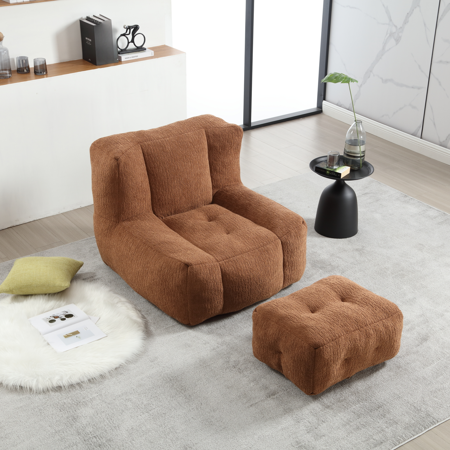Plush brown boucle armchair with matching ottoman for comfortable seating