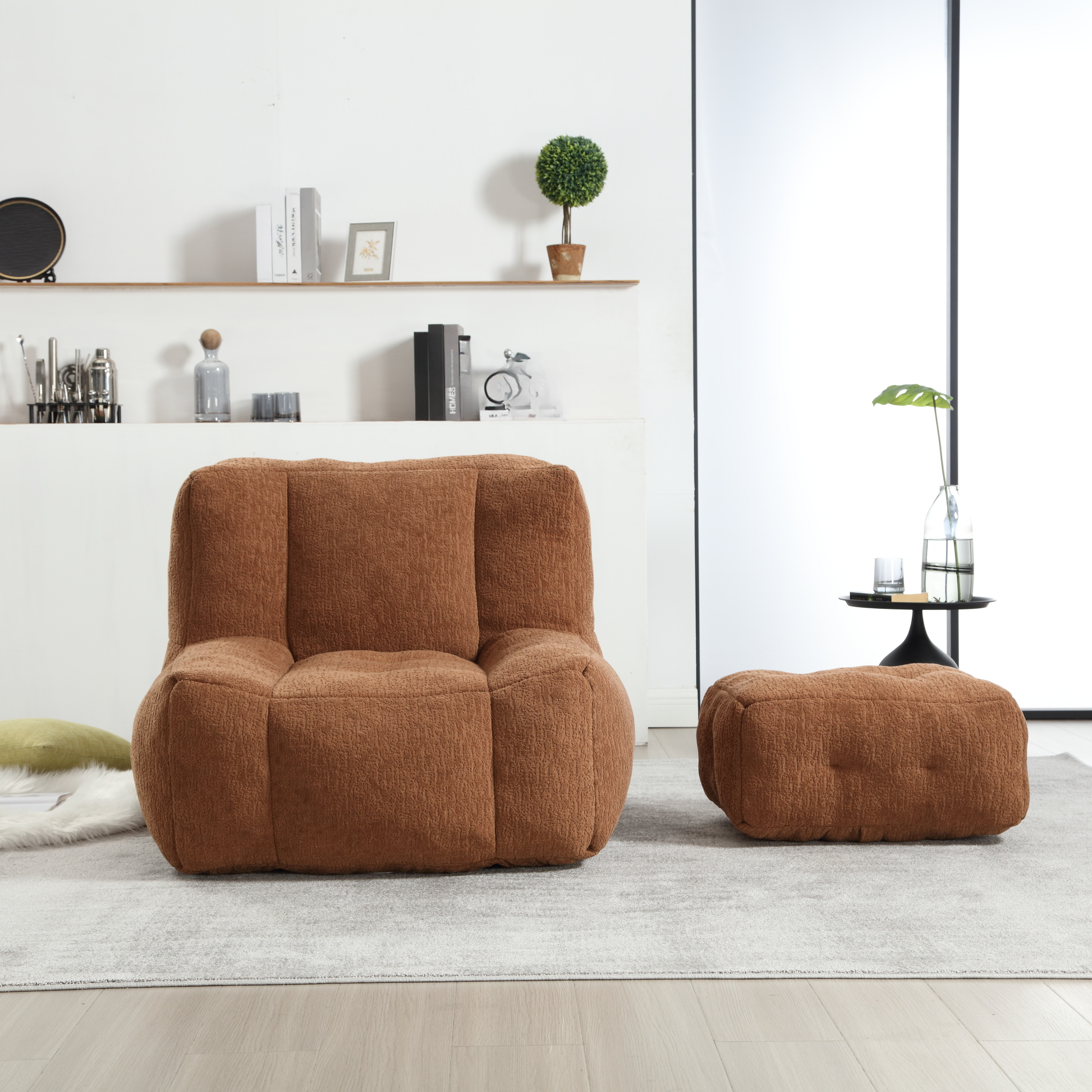 Brown textured bean bag chair with matching ottoman on a light grey rug