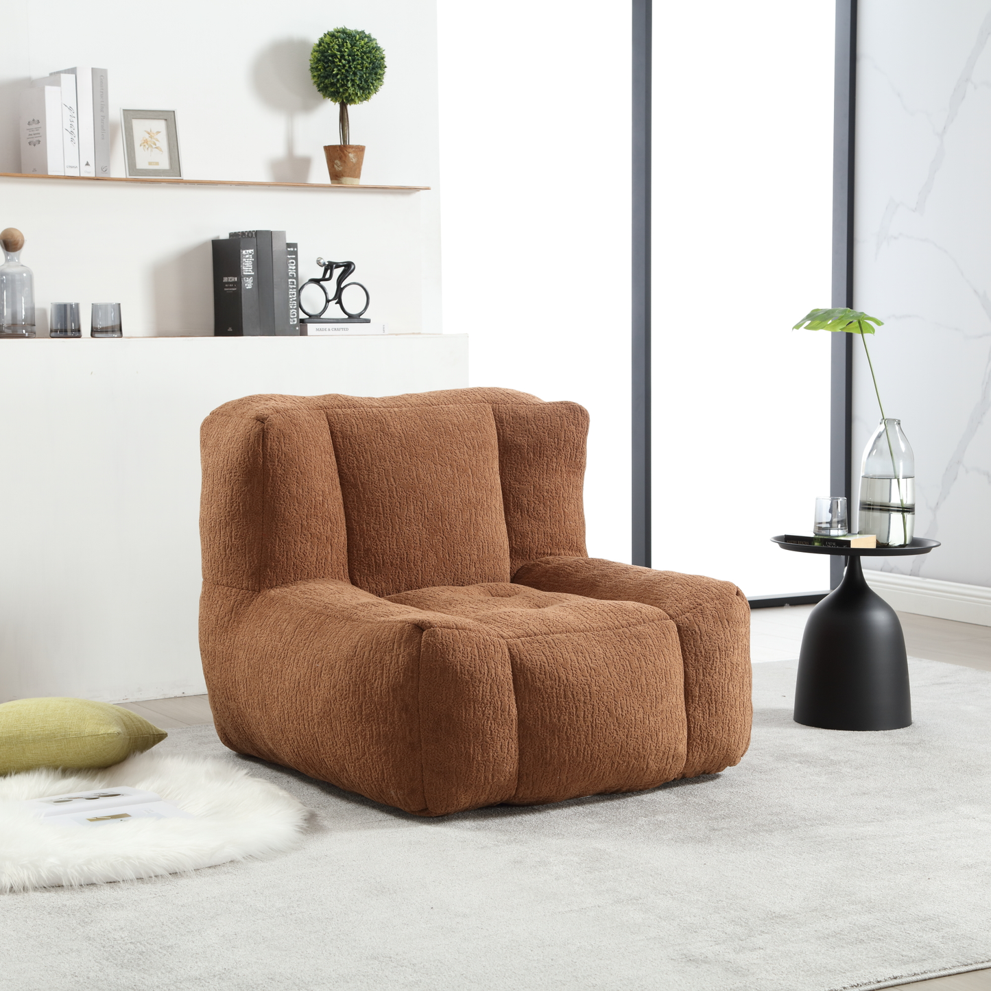 Cozy brown boucle fabric armchair with plush seating and contemporary design