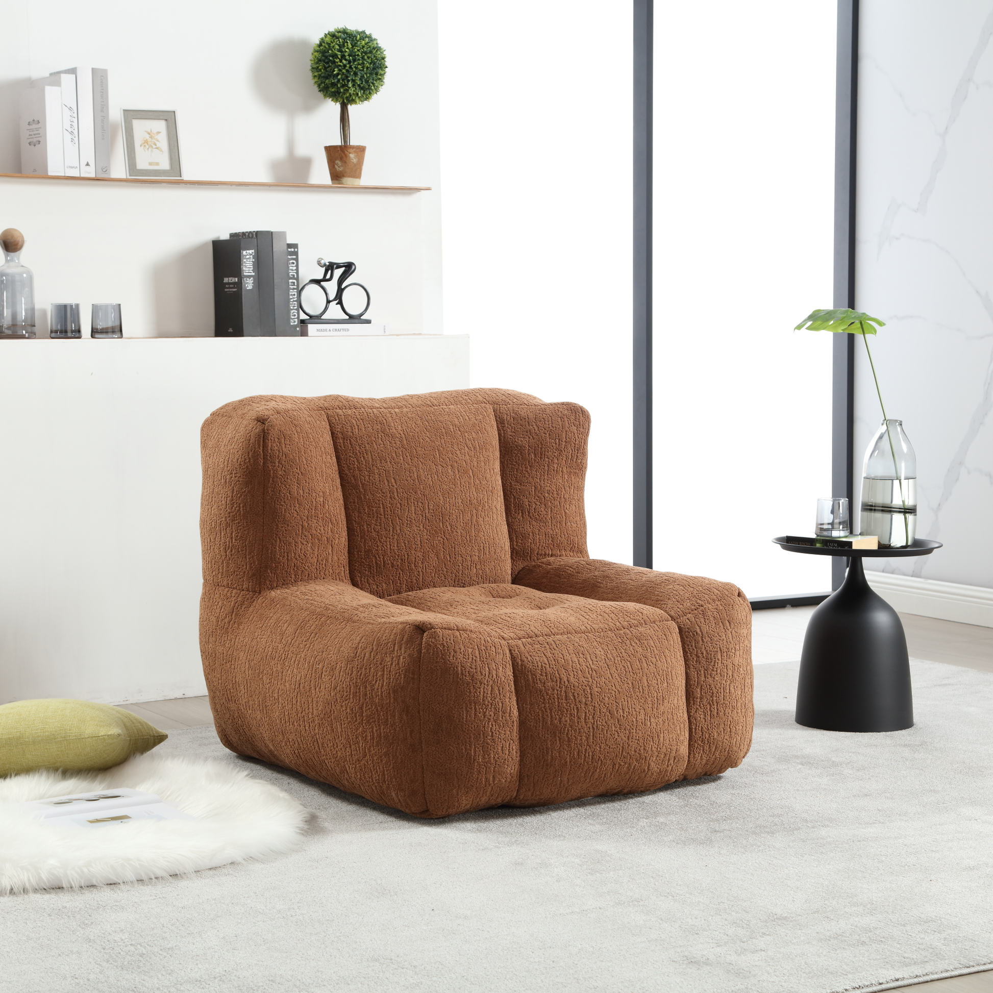 Cozy brown boucle fabric armchair with plush seating and contemporary design