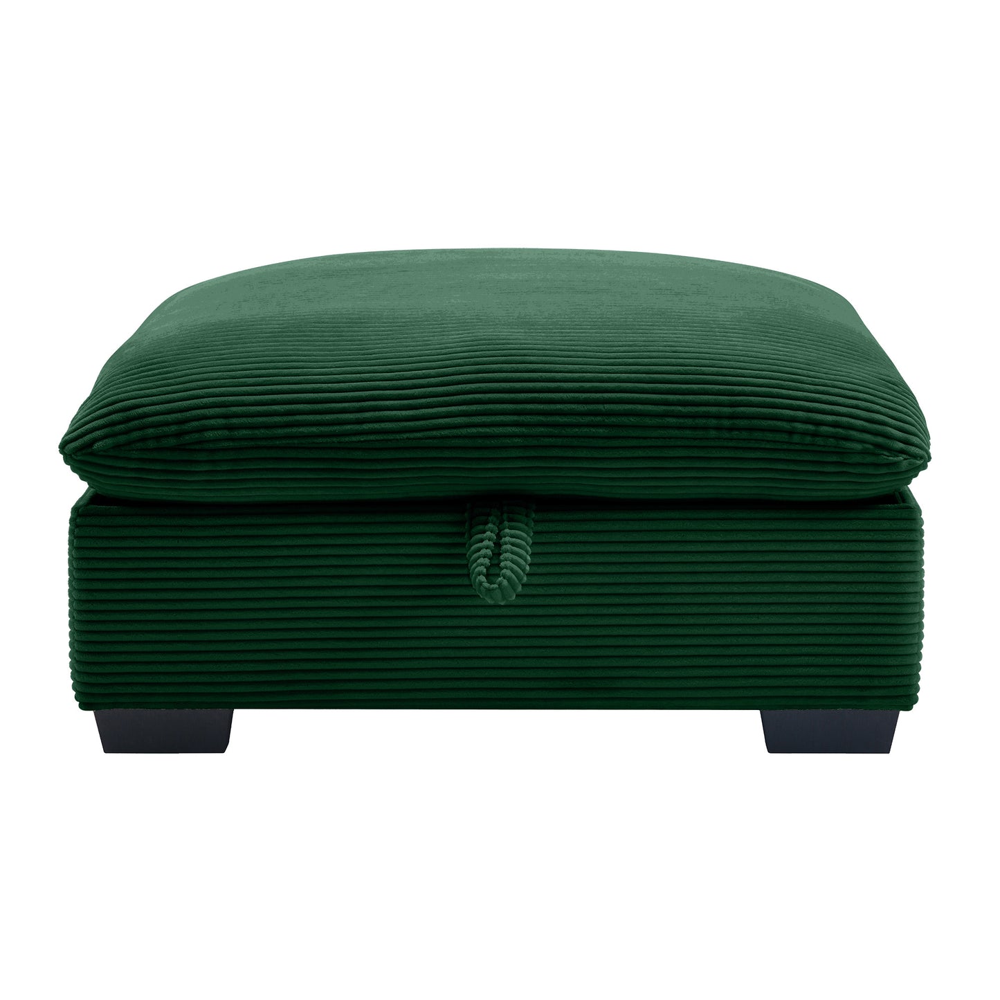 Emerald green corduroy storage ottoman with tufted lid and black legs