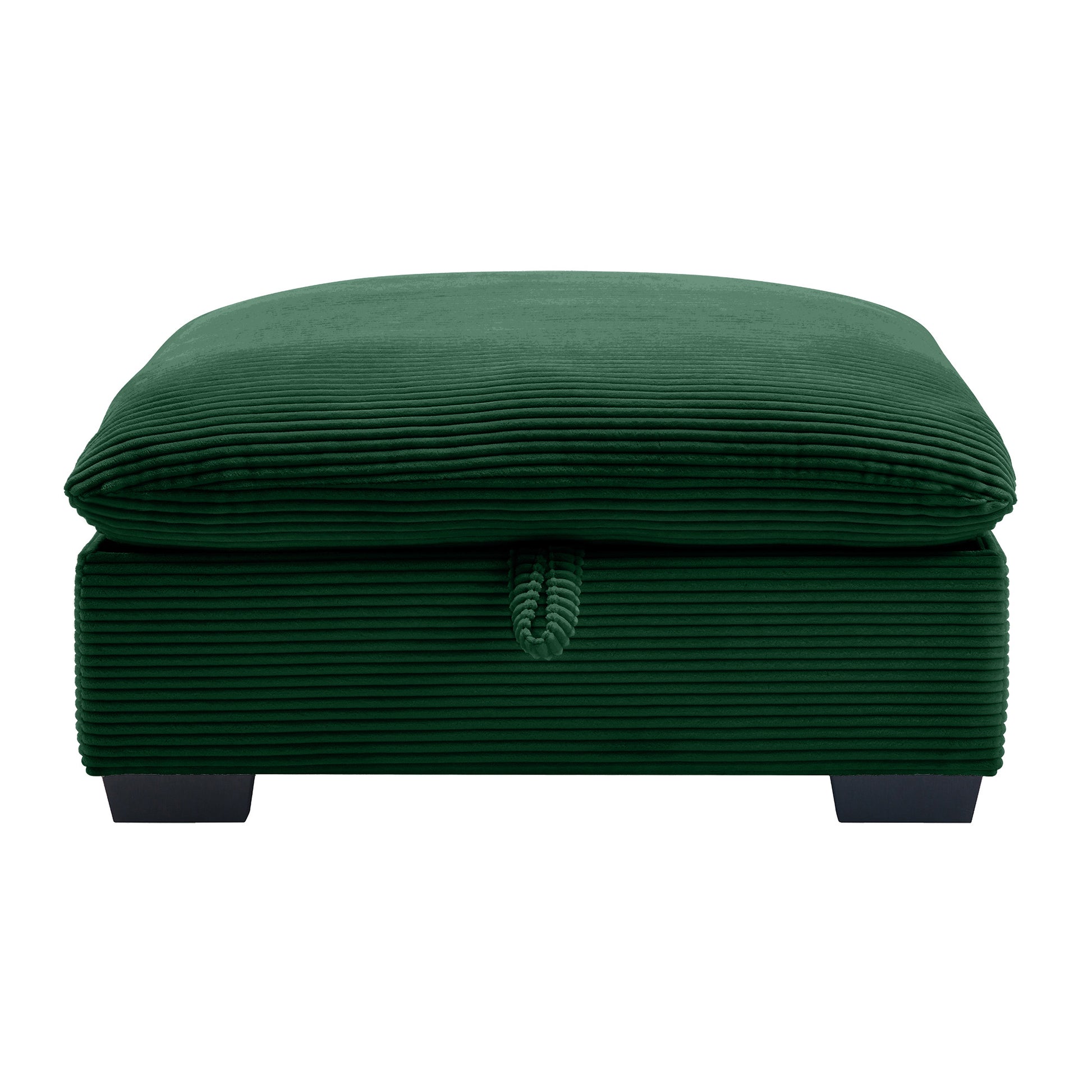 Emerald green corduroy storage ottoman with tufted lid and black legs