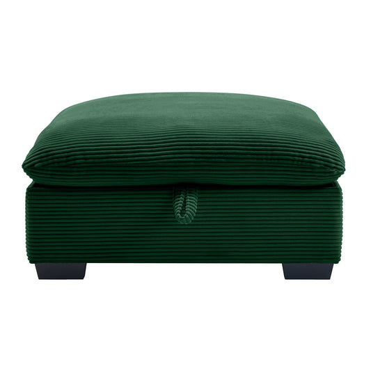 Emerald green corduroy storage ottoman with tufted lid and black legs