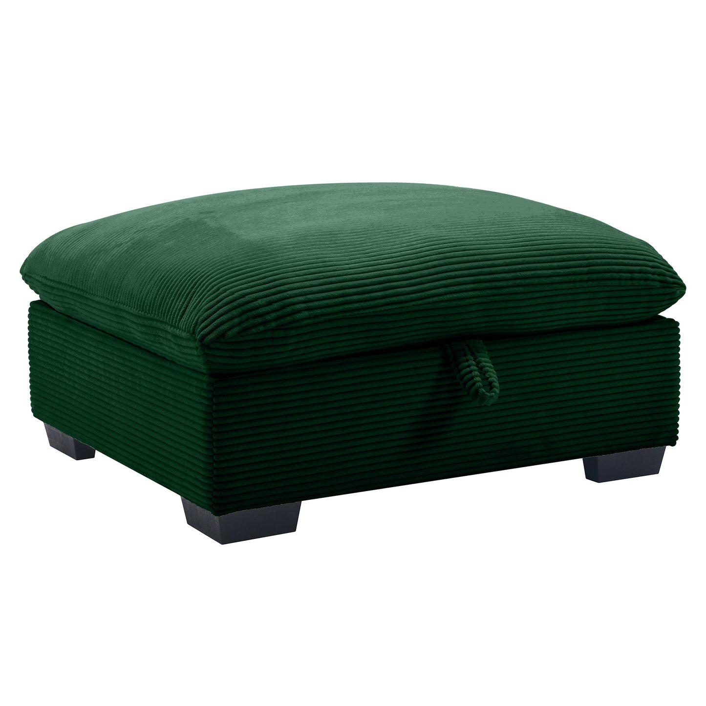 Emerald green corduroy ottoman with a storage compartment and dark wood legs