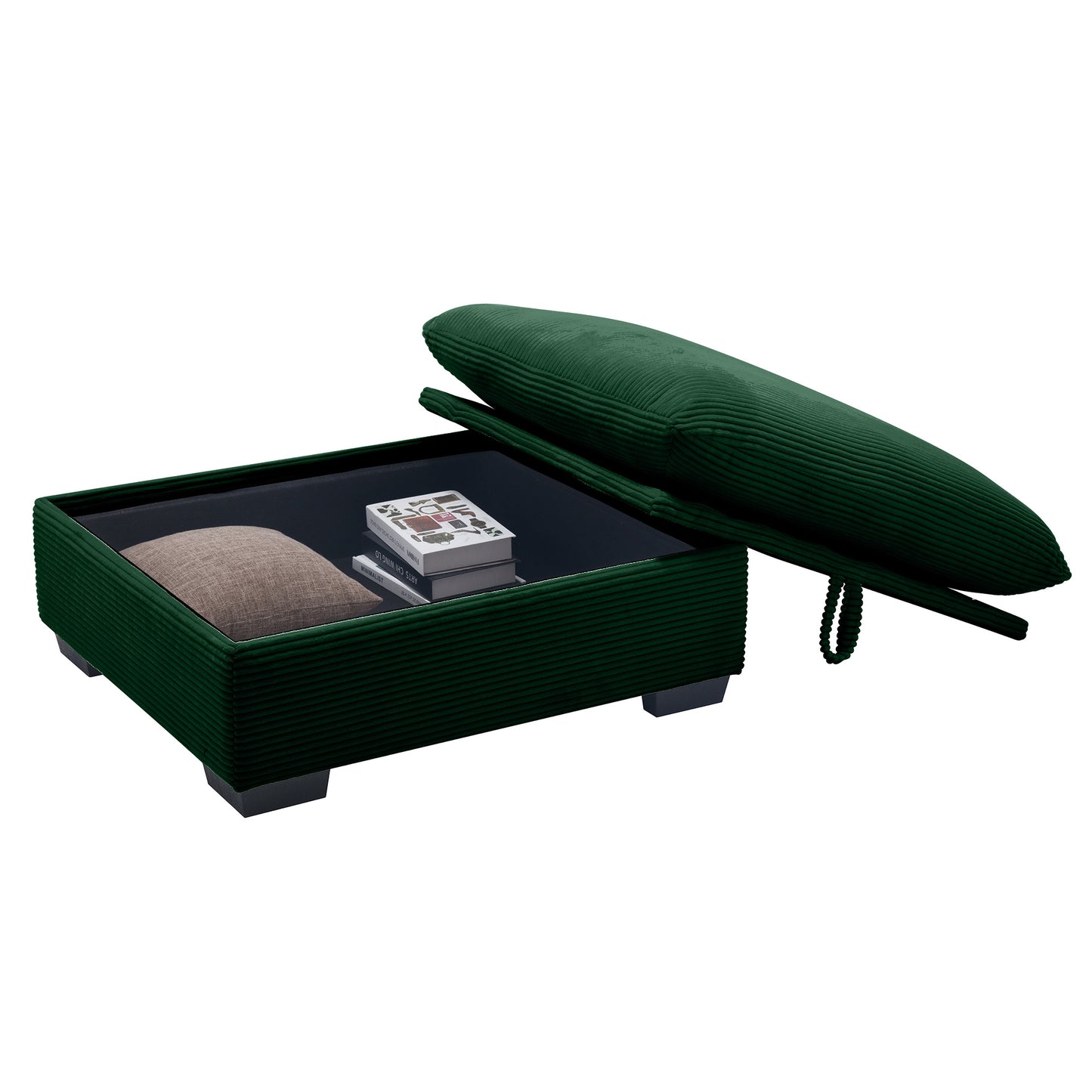 Dark green corduroy ottoman with lifttop storage and decorative pillows