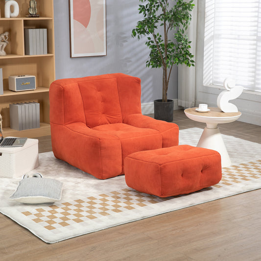 Orange fabric armchair with tufted seat and matching ottoman for living room comfort