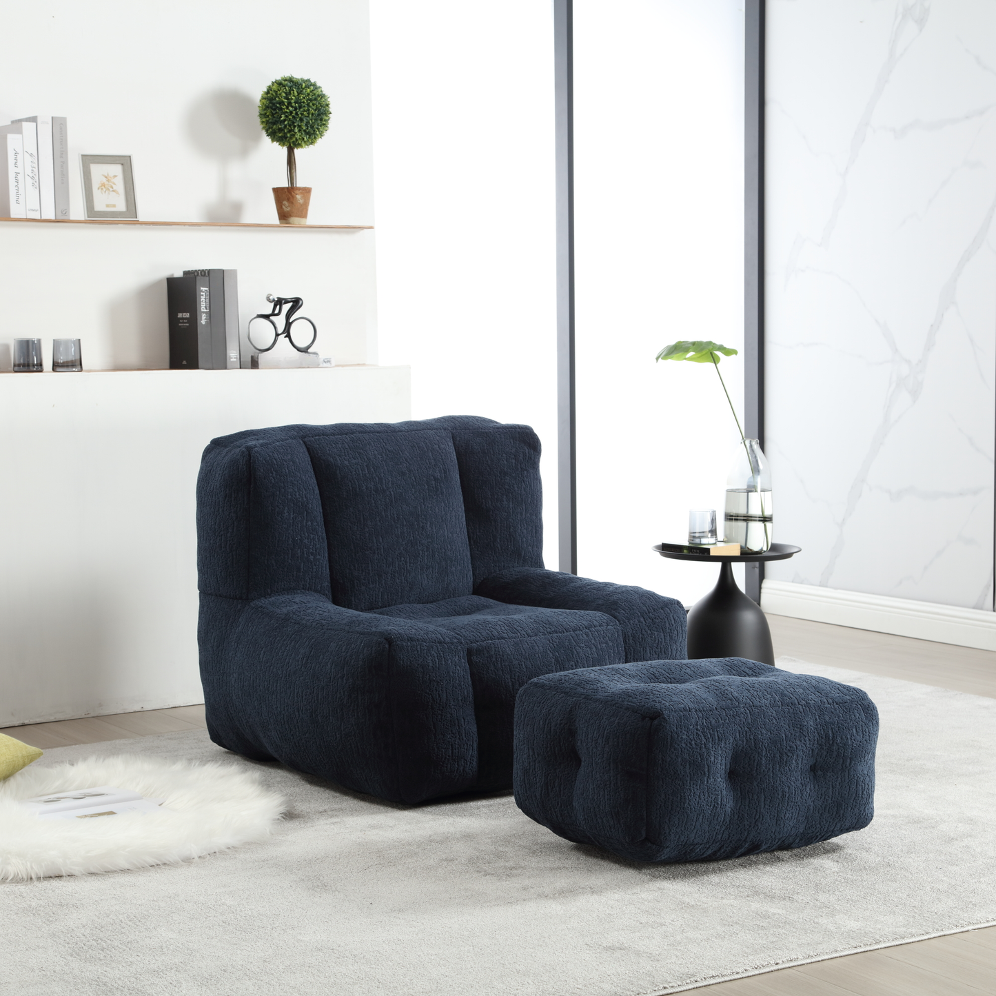 Navy blue textured fabric armchair with matching ottoman modern living room furniture