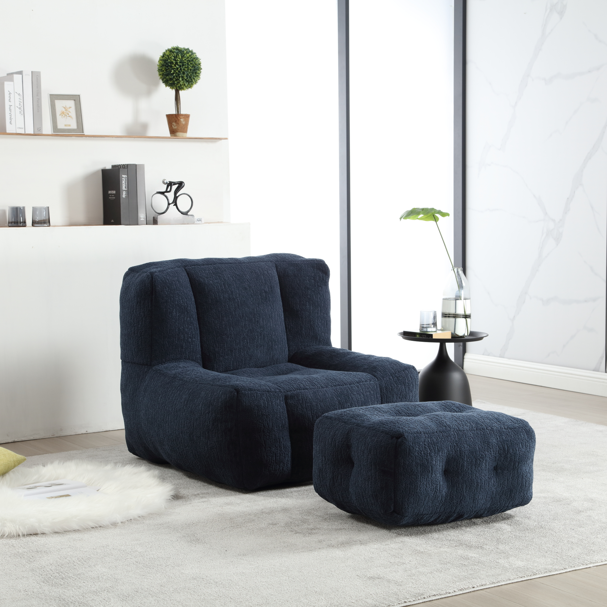 Navy blue textured fabric armchair with matching ottoman modern living room furniture