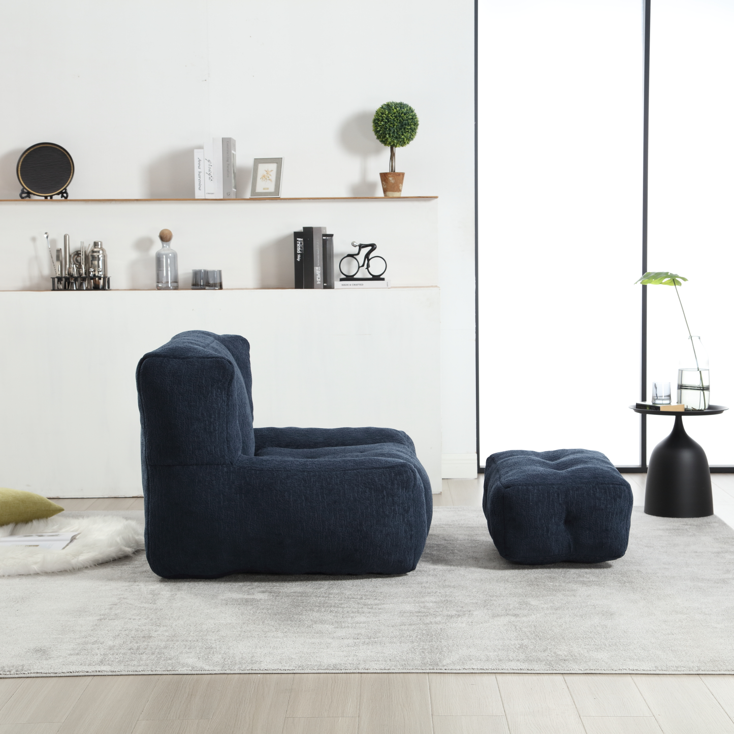Dark blue textured armchair with matching ottoman modern living room furniture