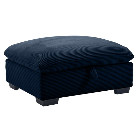 Dark blue corduroy storage ottoman with black legs for living room comfort