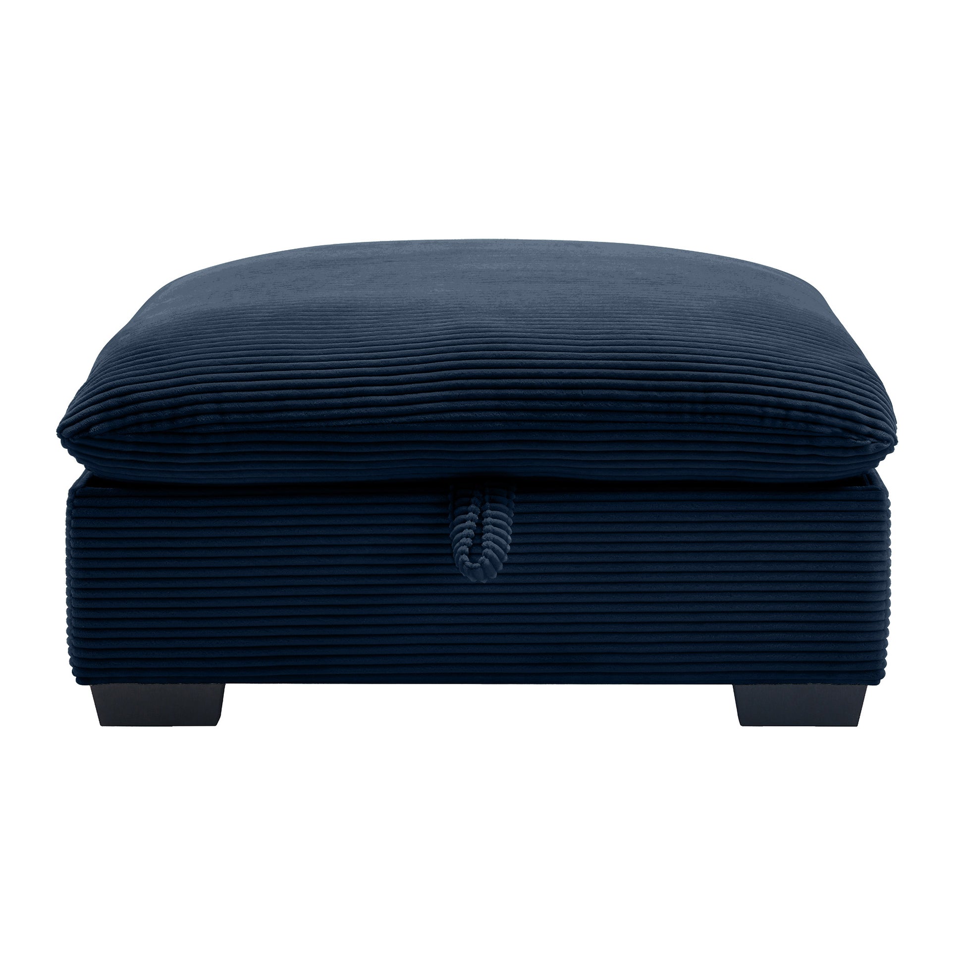 Navy blue corduroy ottoman with storage and decorative pull handle
