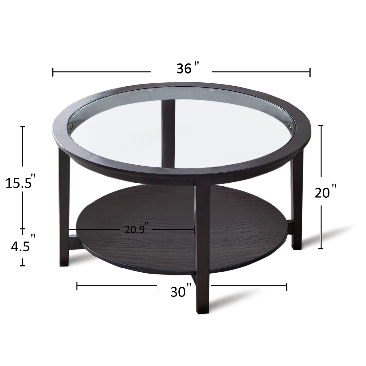 Dark wood round coffee table with glass top and lower shelf  diameter