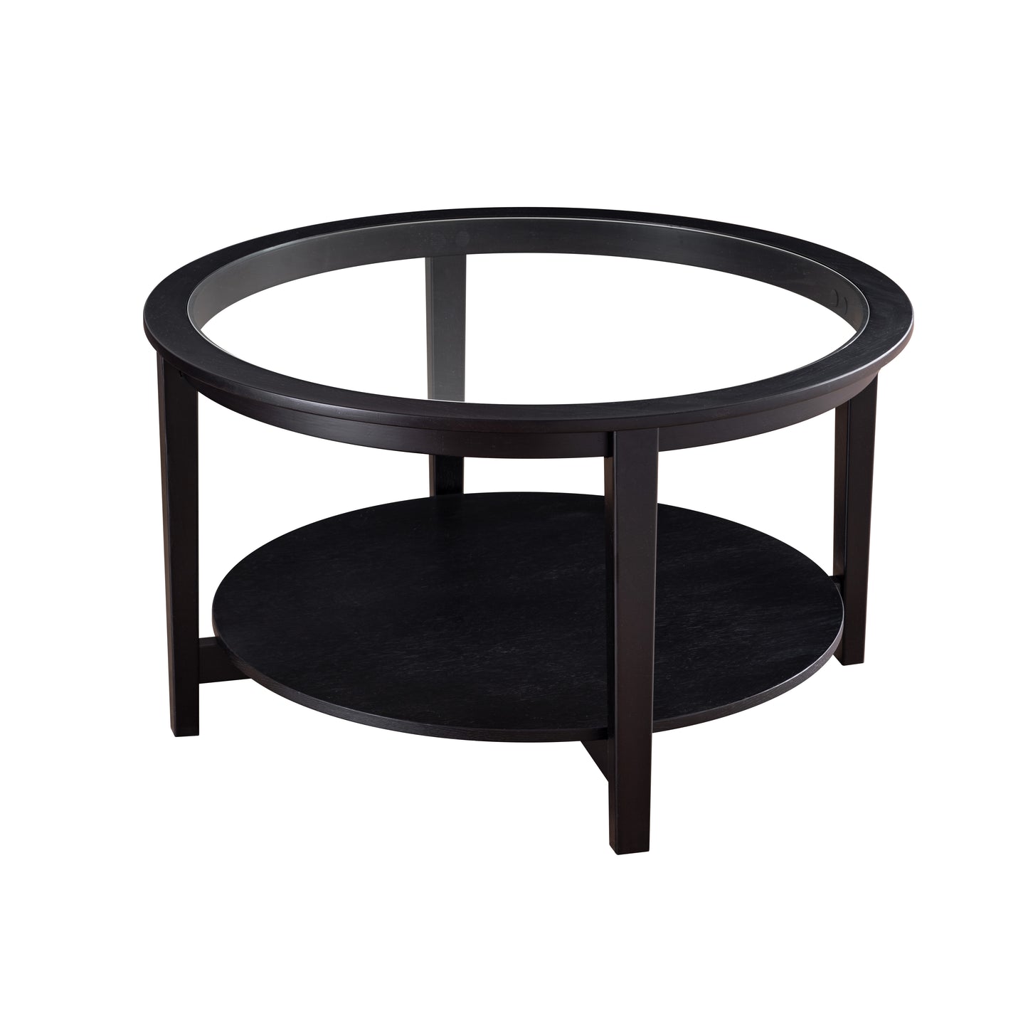Round glass top coffee table with a dark wood frame and lower shelf