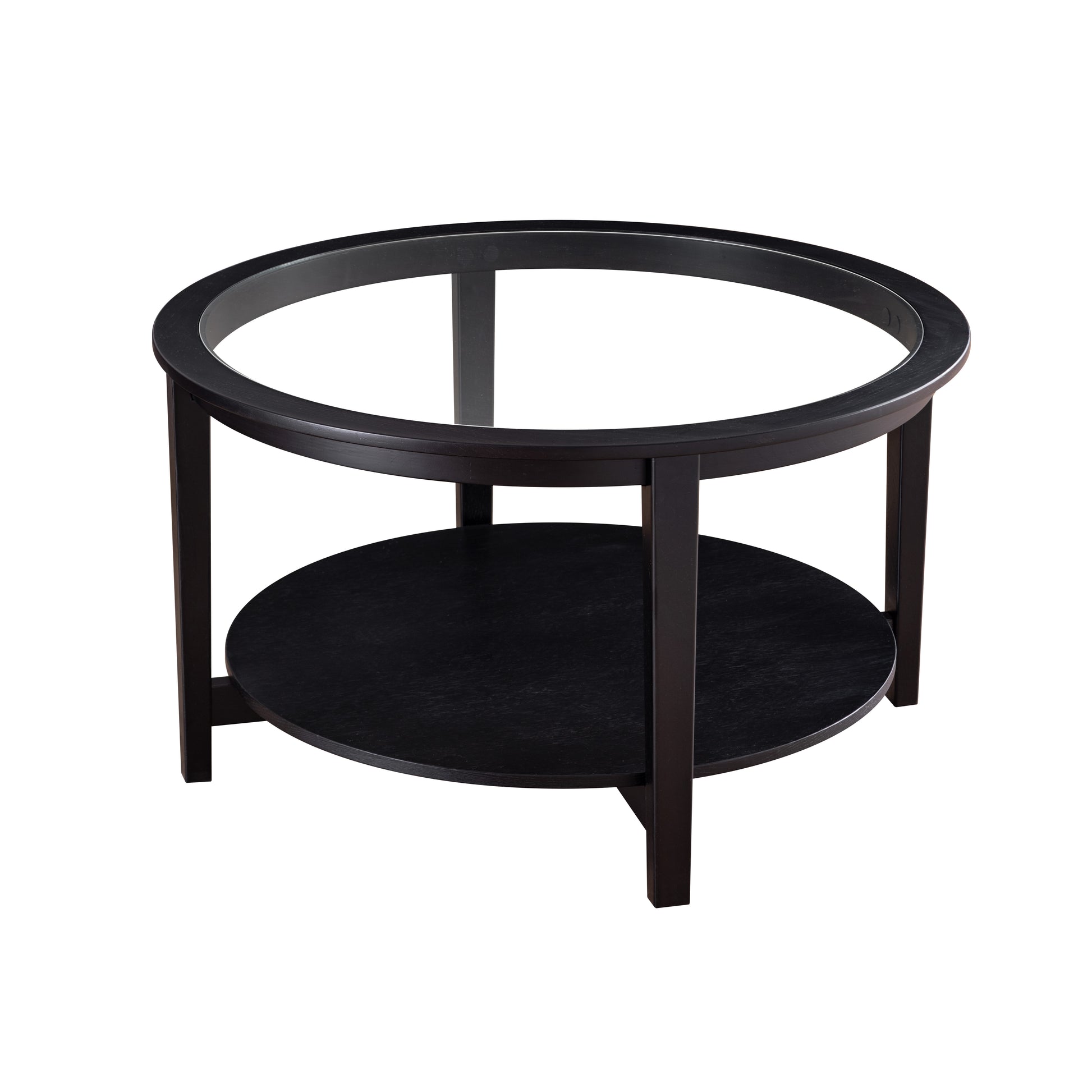 Round glass top coffee table with a dark wood frame and lower shelf