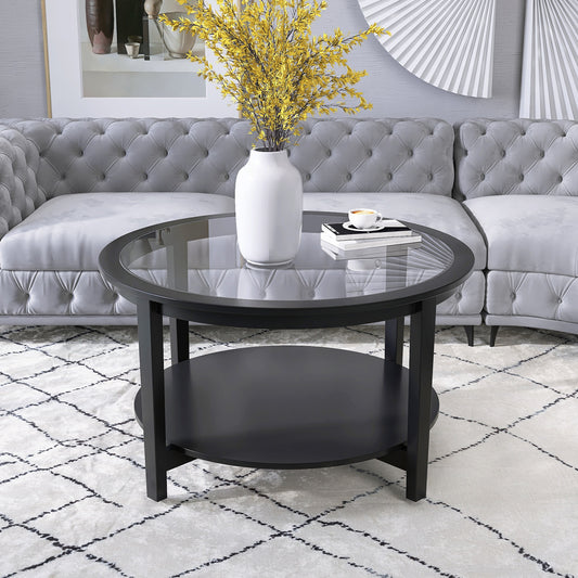 Round black coffee table with glass top and lower shelf