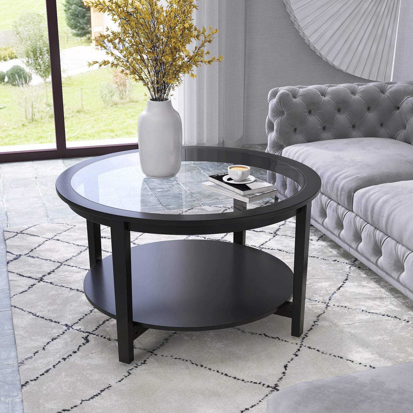 Black round coffee table with glass top and lower shelf modern design
