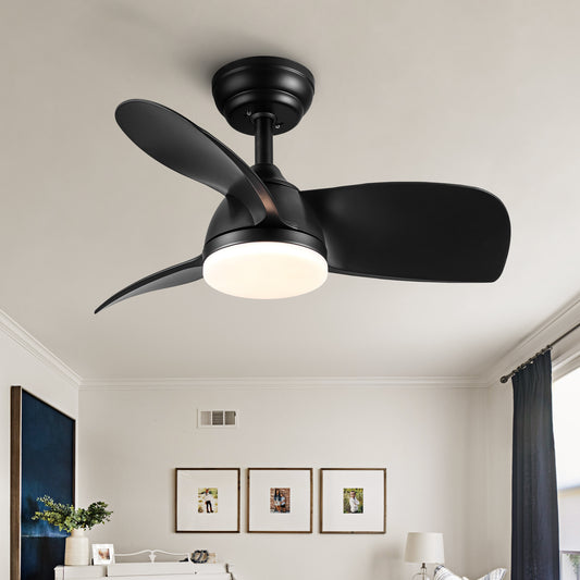Modern black ceiling fan with integrated LED light for home cooling