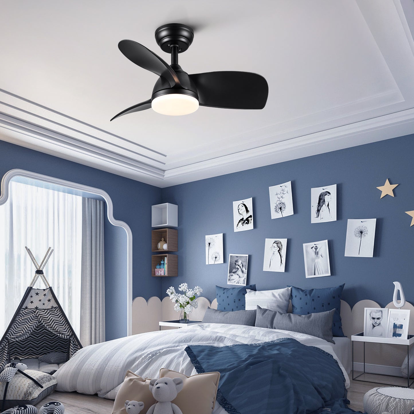 Black modern ceiling fan with integrated LED light fixture