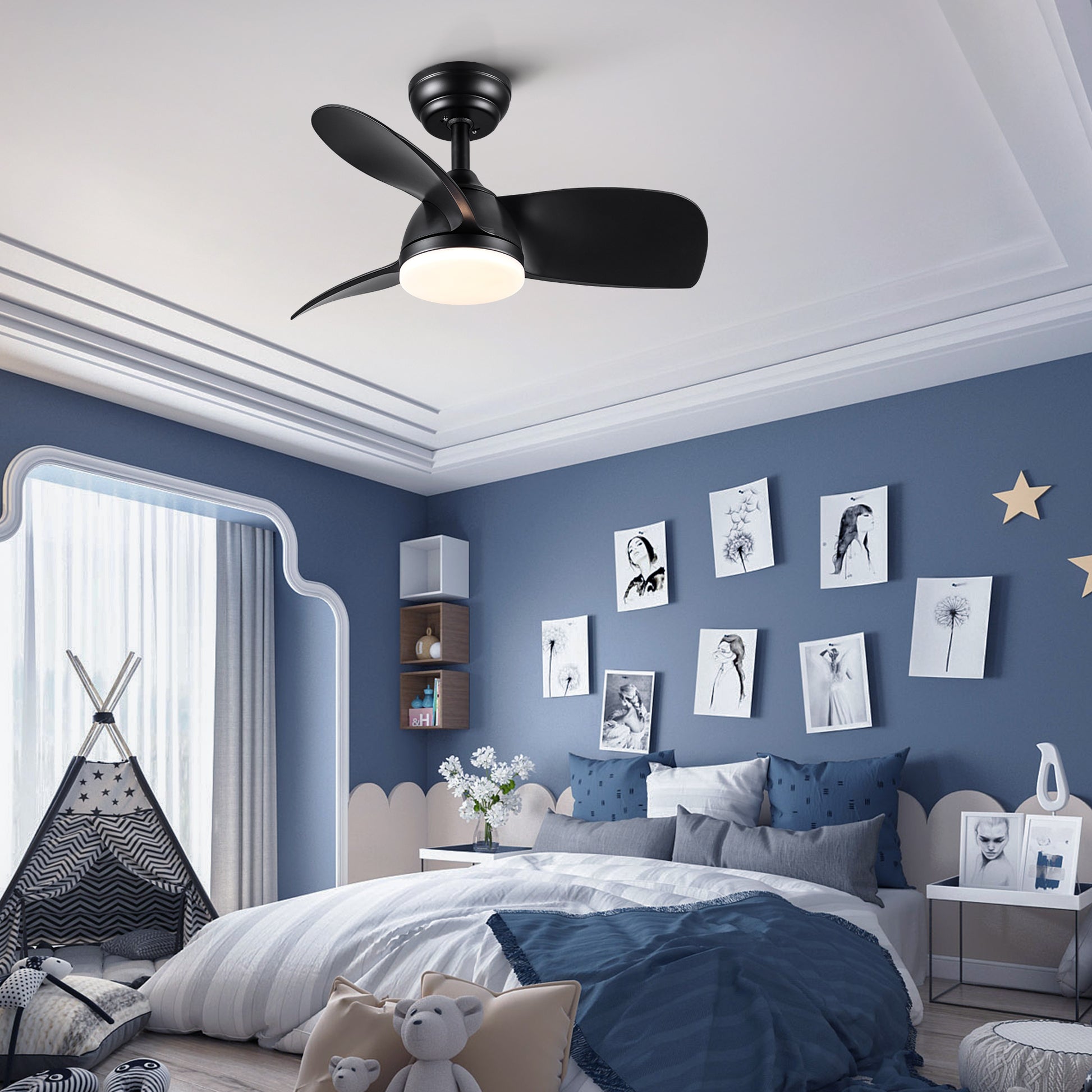 Black modern ceiling fan with integrated LED light fixture