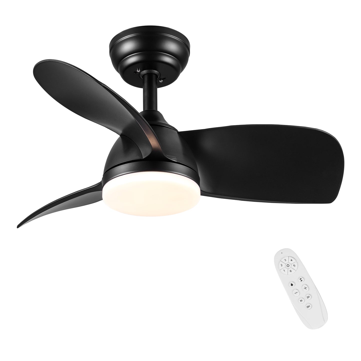 Modern black ceiling fan with integrated LED light and remote control