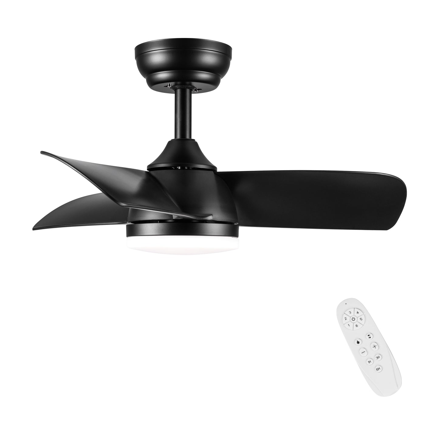 Modern black ceiling fan with integrated LED light and remote control for bedroom use