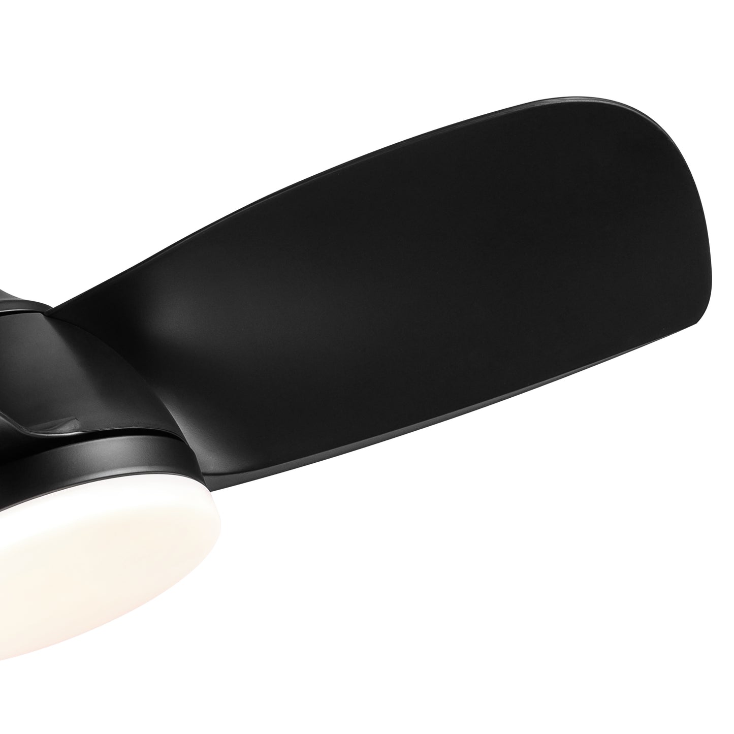 Black modern ceiling fan with integrated LED light closeup view