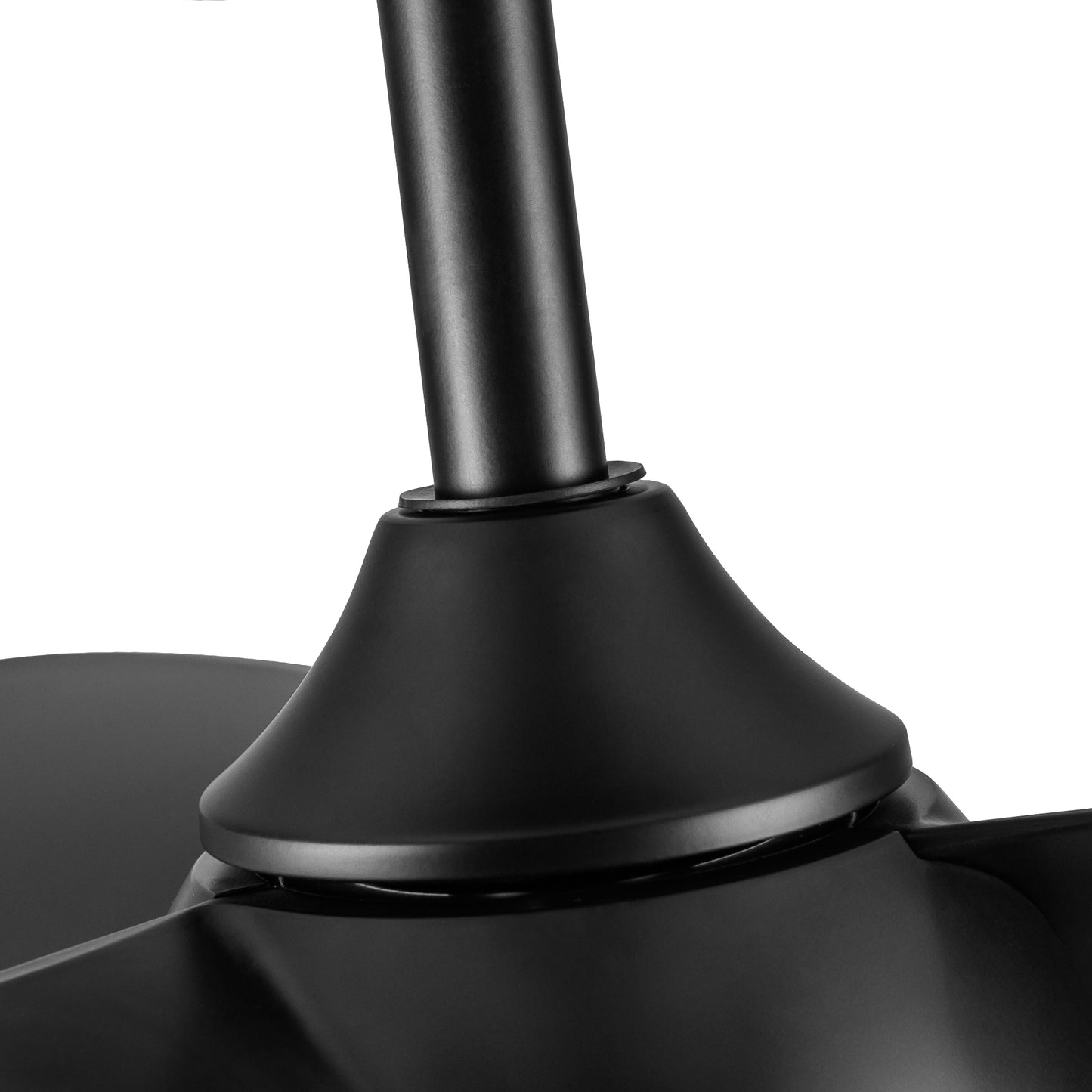 Closeup of a black ceiling fan motor housing and mounting bracket