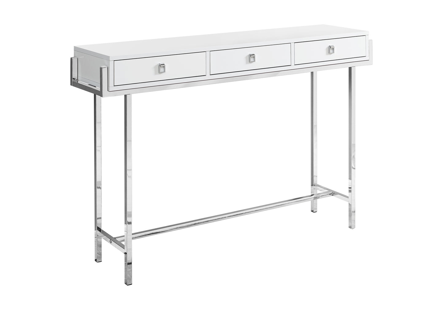 Sleek white console table with three drawers and polished chrome legs perfect for modern entryways