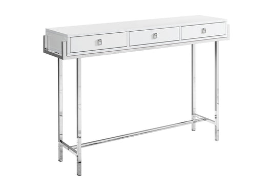 Sleek white console table with three drawers and polished chrome legs perfect for modern entryways