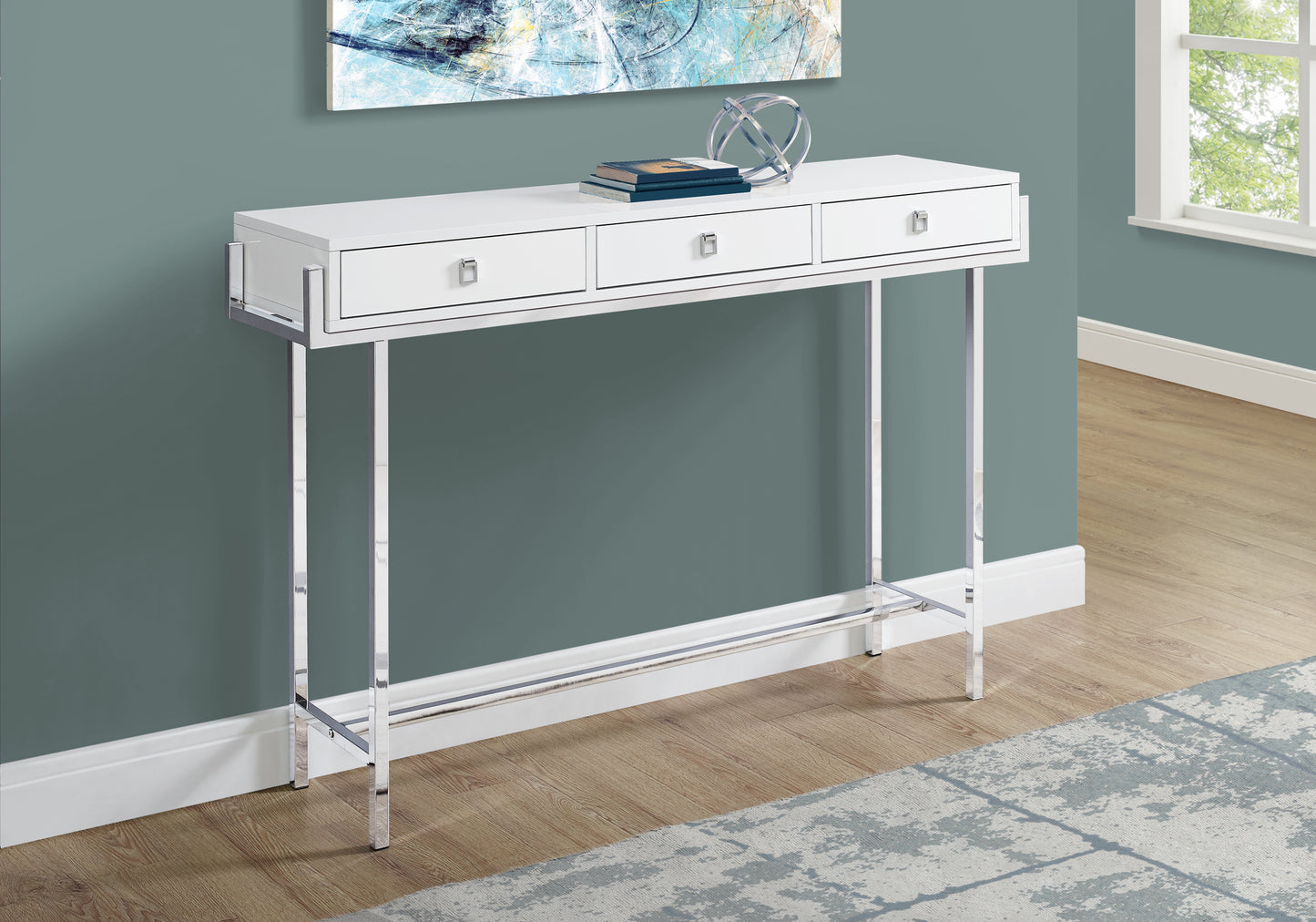 Sleek white console table with three drawers and chrome legs perfect for modern entryways