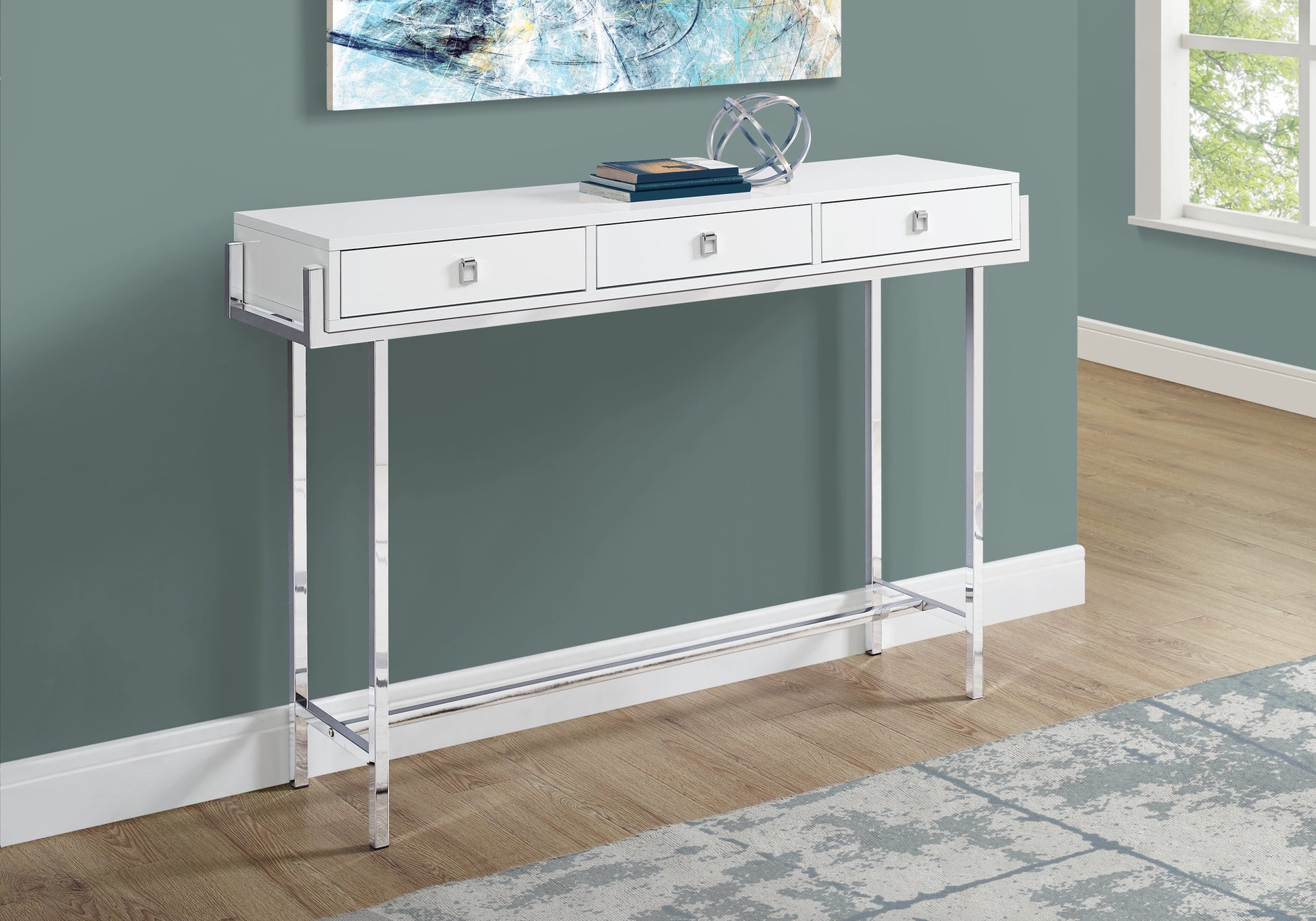 Sleek white console table with three drawers and chrome legs perfect for modern entryways