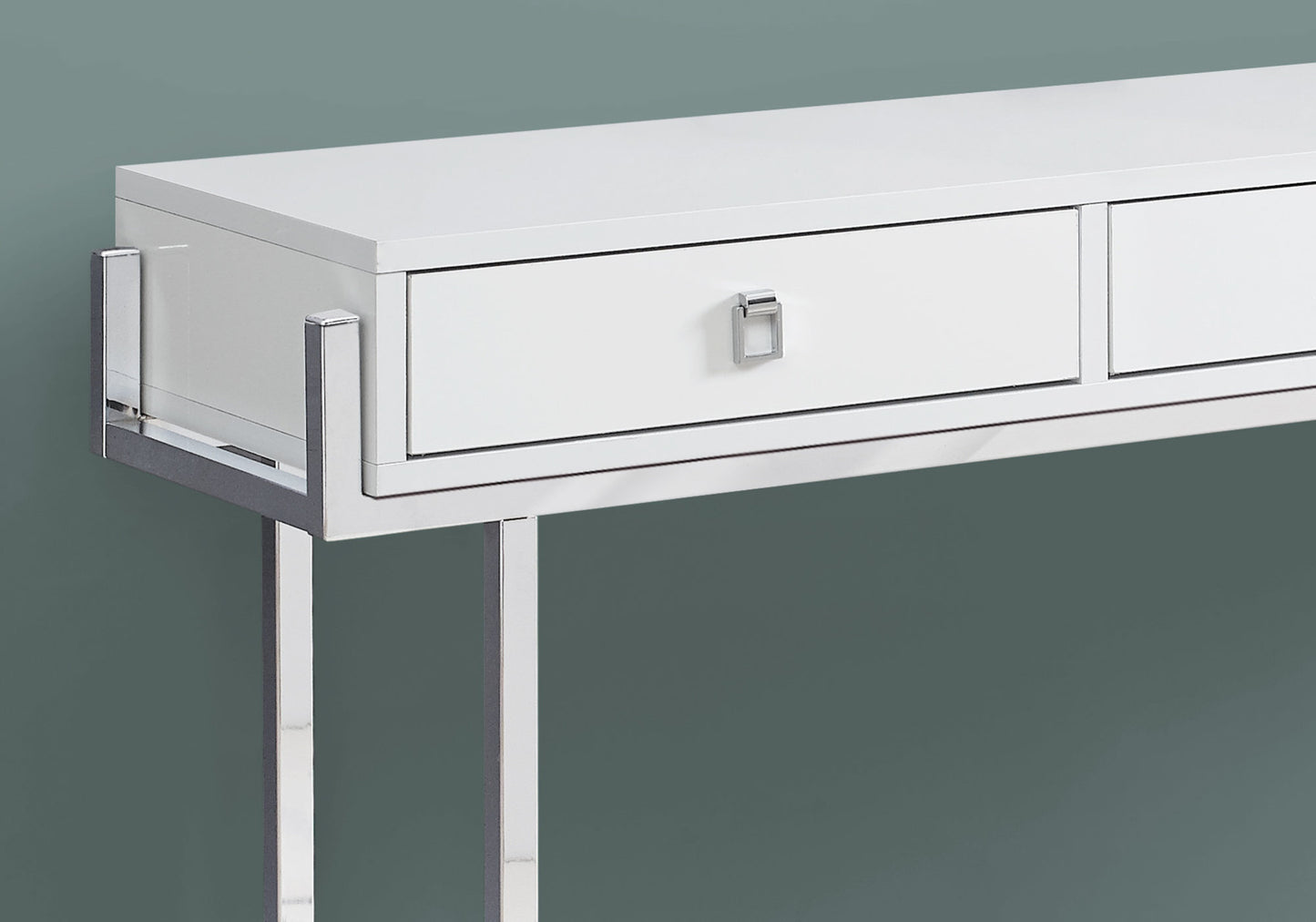 Sleek white console table with chrome legs and single drawer for entryway decor