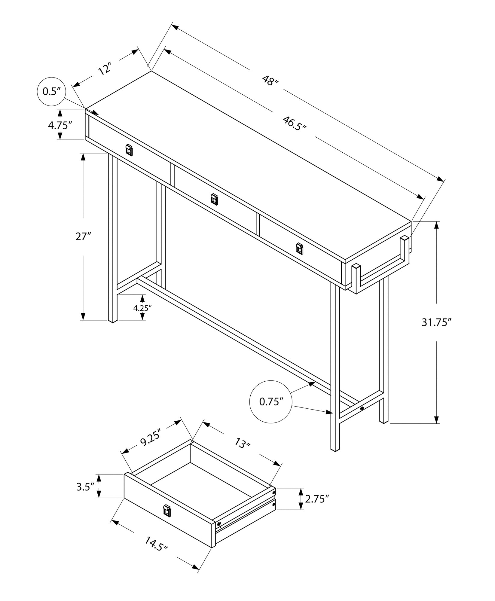 Diagram of a inch console table with two drawers showing dimensions in inches