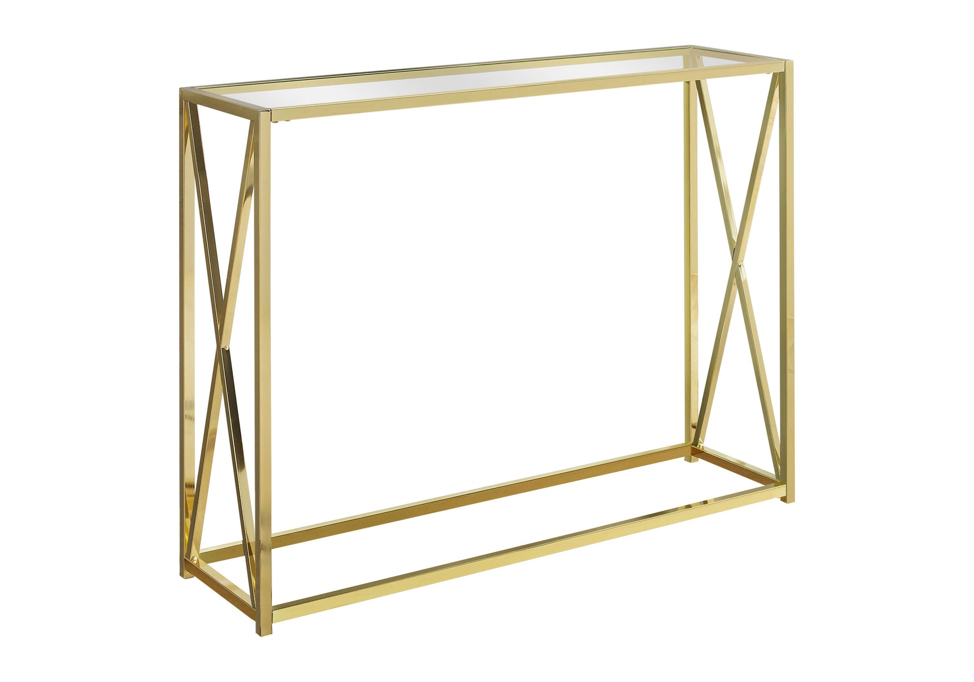 Gold metal console table with a clear glass top and xframe legs
