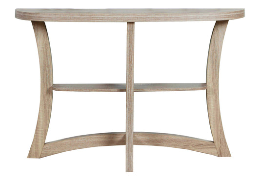 Light wood console table with curved legs and two shelves